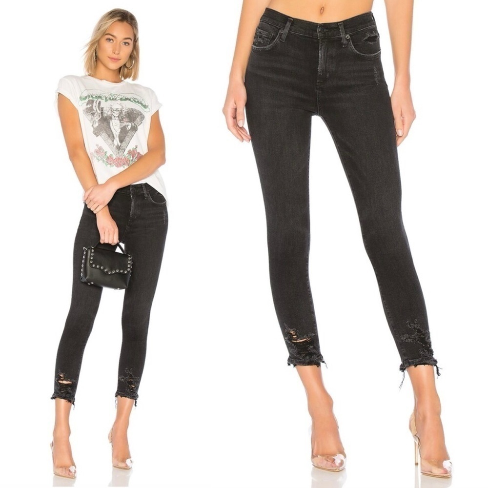 Agolde- Black Sophie Mid Rise Cropped Distressed Hem Skinny Jeans Size 28